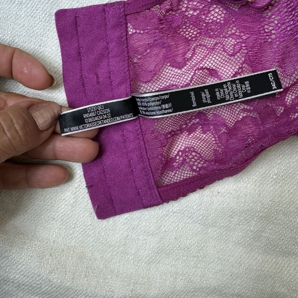 Victoria's Secret Bombshell Plunge Bra Corset Bustier Size 34C Plum Satin Pushup - Picture 10 of 12